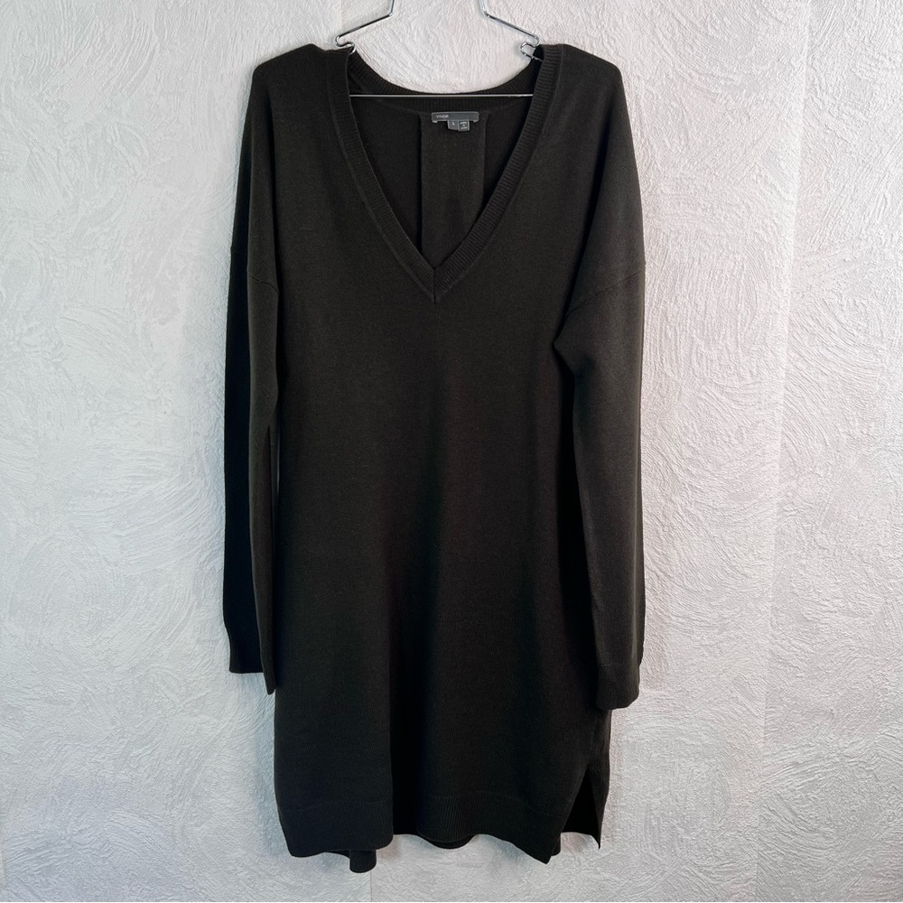 Vince Dark Green Long Sleeve V-Neck Dress